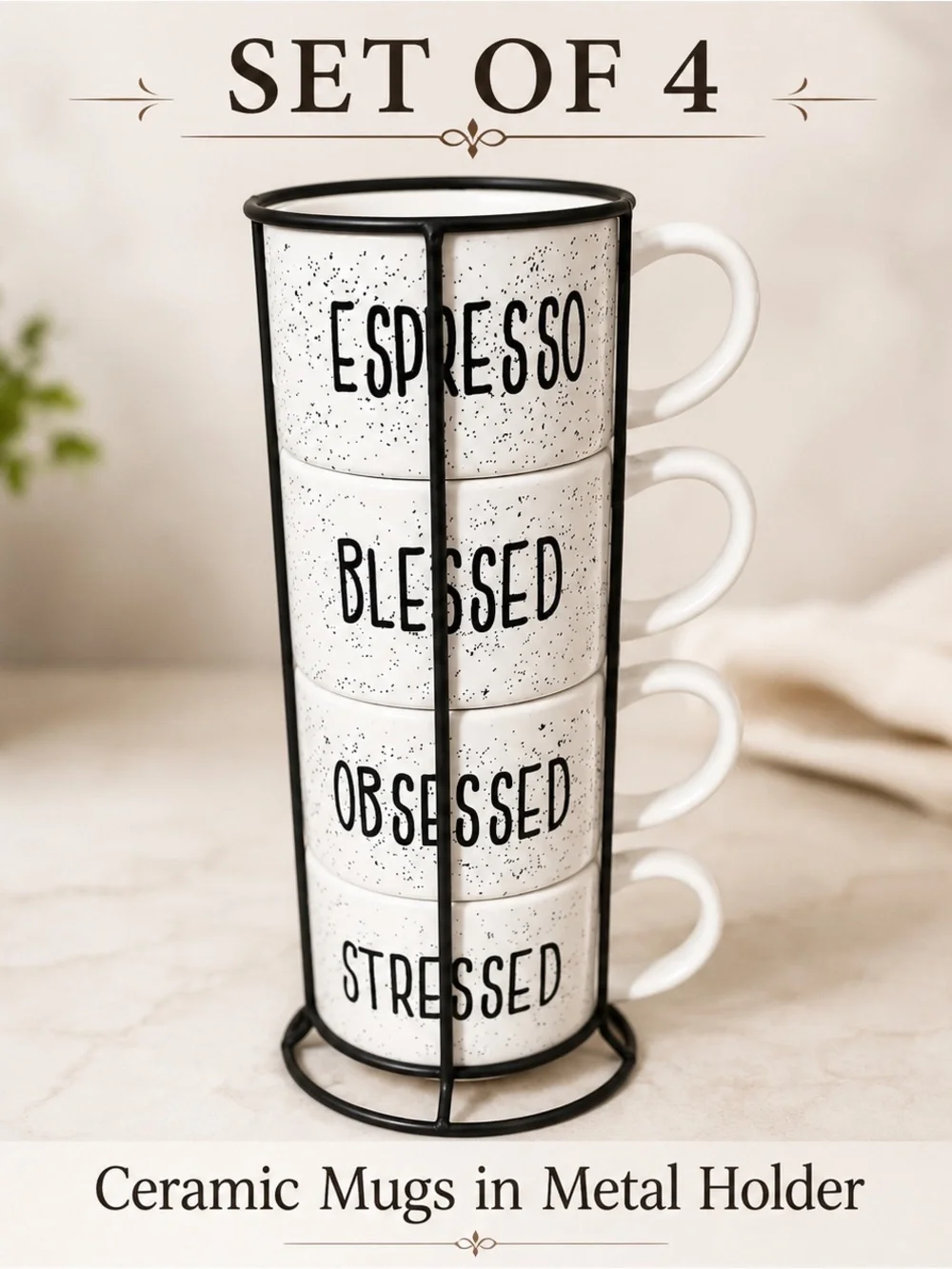 Set of 4 White Ceramic Espresso Mugs with Black Metal Holder